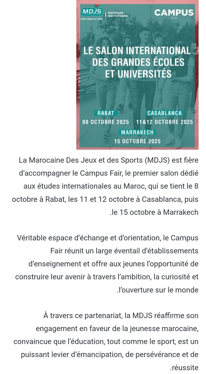 La Marocaine Des Jeux et des Sports (MDJS) est fière d’accompagner le Campus Fair, le premier salon dédié aux études internationales au Maroc, qui se tient le 8 octobre à Rabat, les 11 et 12 octobre à Casablanca, puis le 15 octobre à Marrakech.