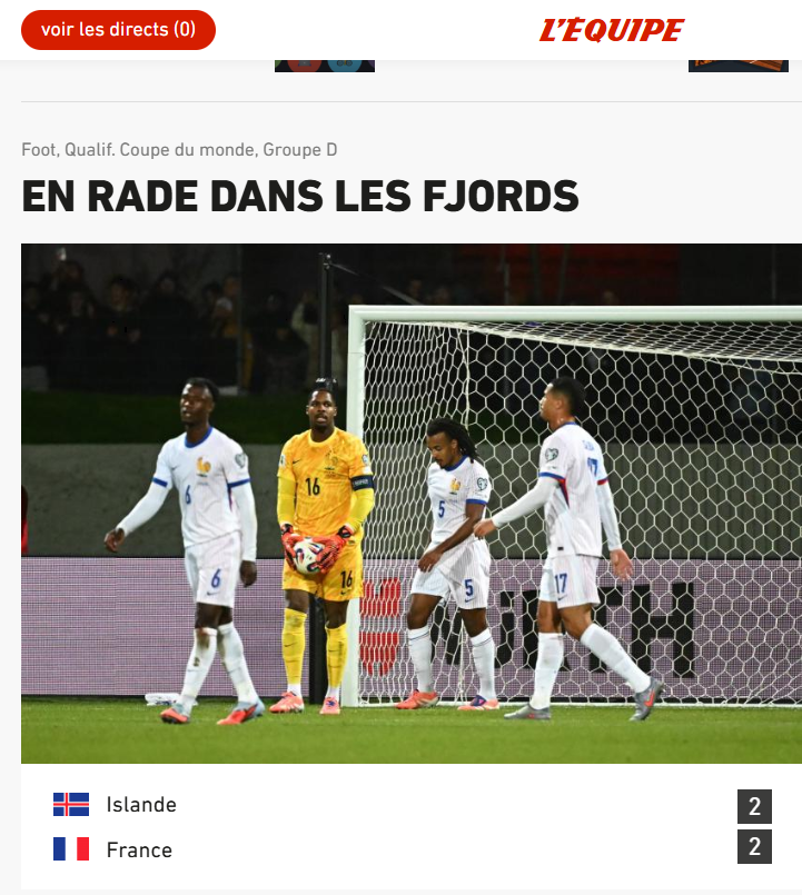 Það er boðið upp á djúpa ljóðlist í frönskum fyrirsögnum📰 Frakkar sumsé „Strönduðu í fjörðunum“ segir <a href="/lequipe/">L'Équipe</a>