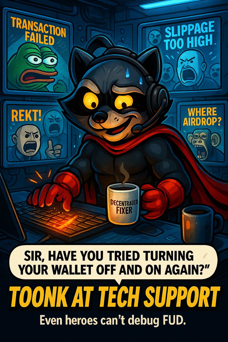 ToonkCoin's tweet image. Error 404: Centralization detected.
TOONK Tech Support dispatched. 💾🦝
#TOONK #TechSupport #CryptoComics #Cardano