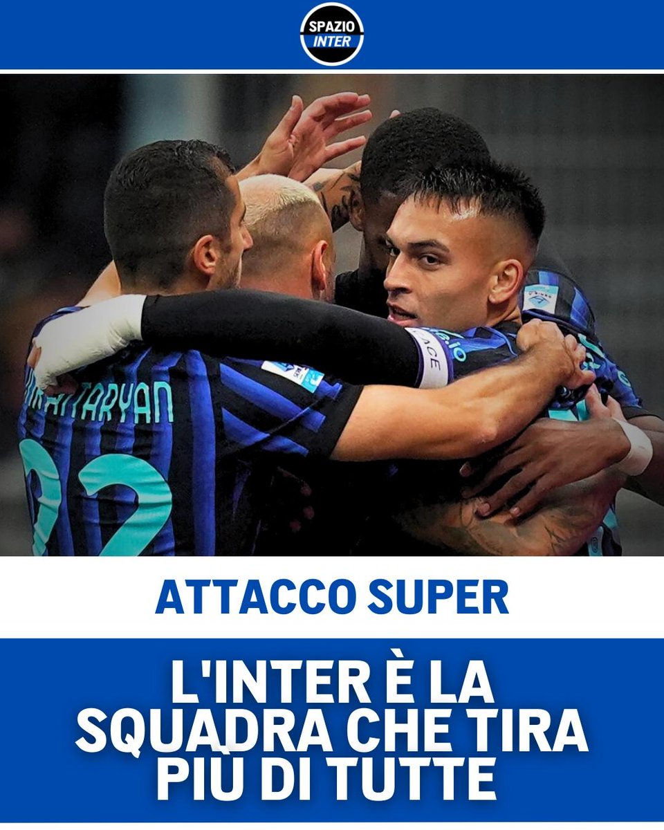 SpazioInter's tweet image. L’Inter è una macchina da gol🔥
I nerazzurri sono primi in Serie A per tiri verso la porta (37)⚽️
Sono nove i marcatori diversi che hanno trovato il gol: nessuna squadra ha fatto meglio nel campionato italiano📊
#Inter #SpazioInter