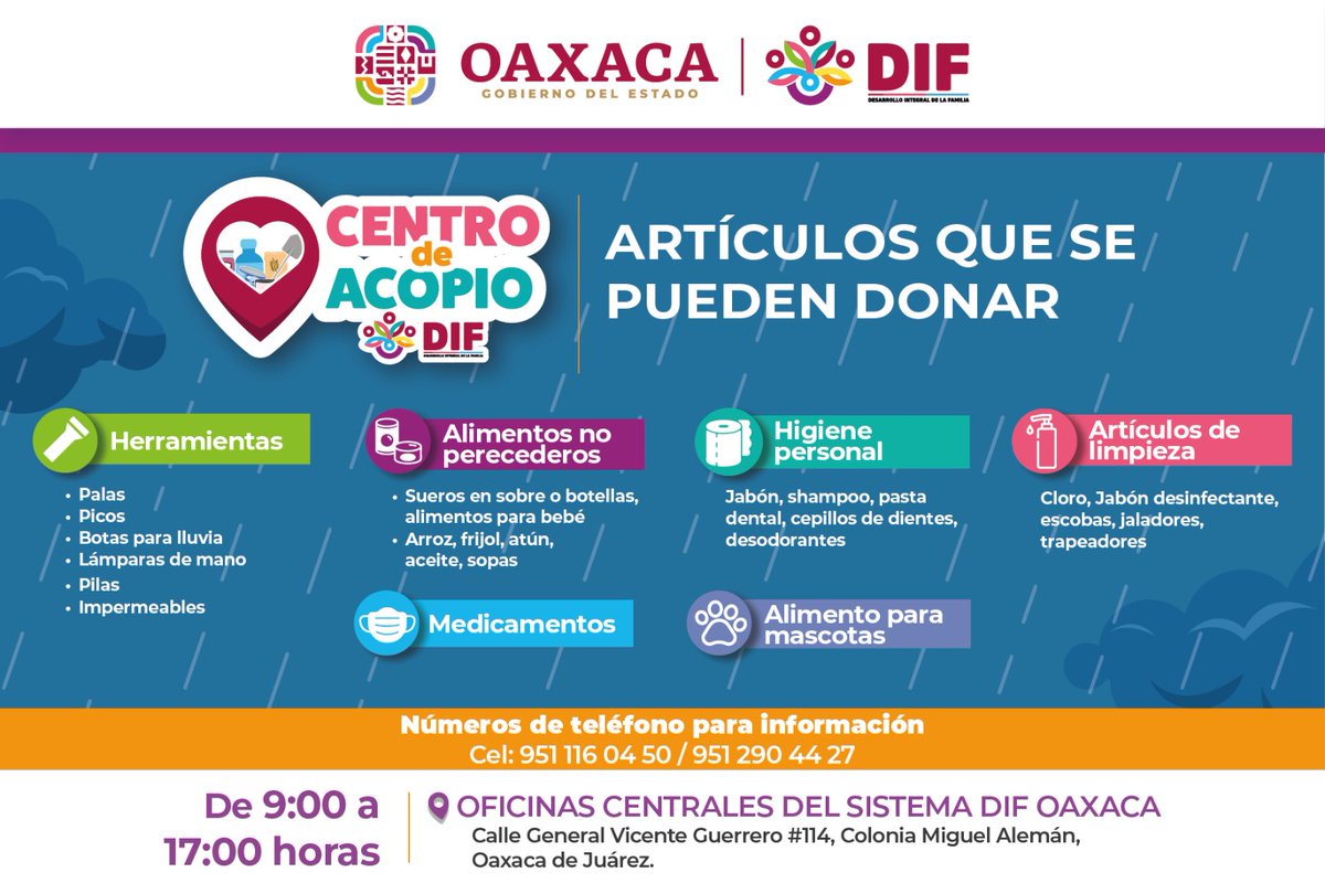 📢 DIF Oaxaca habilita centro de acopio para familias afectadas por lluvias 🌧️
El centro se encuentra en Vicente Guerrero 114, Col. Miguel Alemán Valdés, Oaxaca de Juárez, con horario de 9:00 a 17:00 horas ⏰.