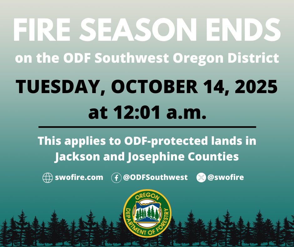 𝙁𝙄𝙍𝙀 𝙎𝙀𝘼𝙎𝙊𝙉 𝙀𝙉𝘿𝙎 𝙏𝙐𝙀𝙎𝘿𝘼𝙔: After 135 days, the ODF Southwest Oregon District is officially declaring an end to the 2025 fire season in Jackson and Josephine Counties, taking effect Tuesday, October 14, 2025 at 12:01 a.m. More info-->  tinyurl.com/odfswoinfo