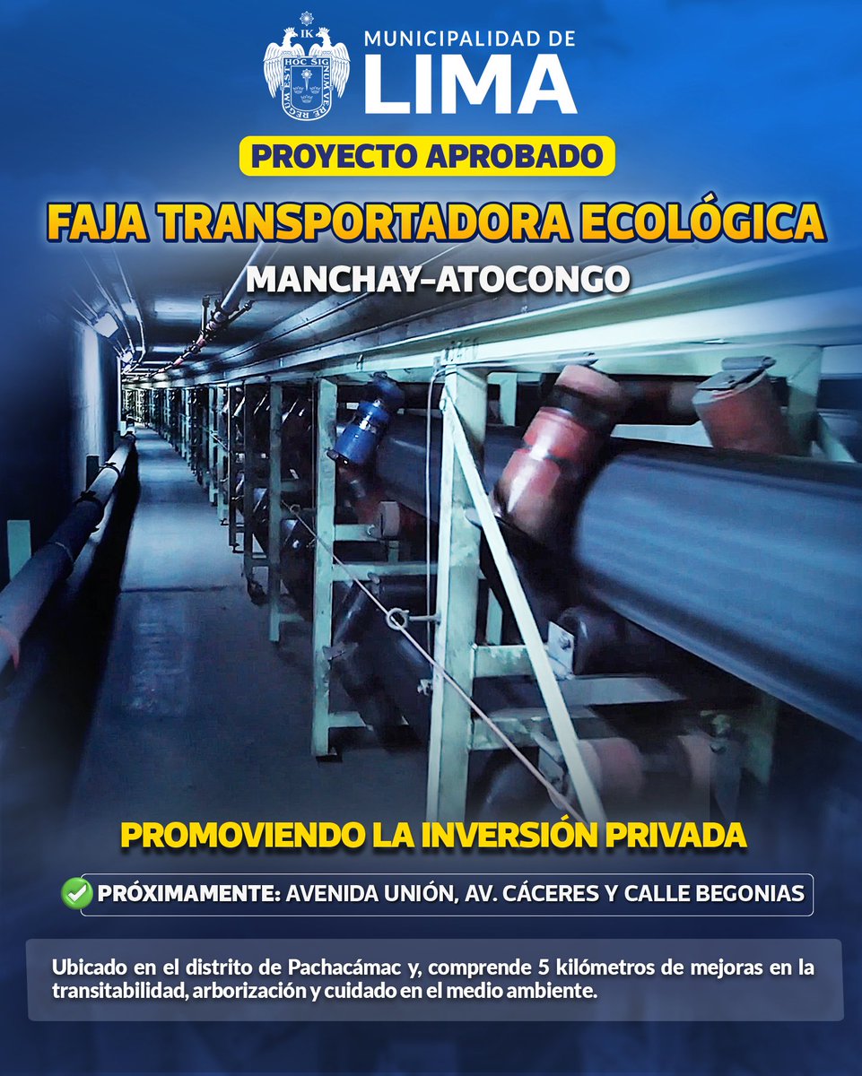 MuniLima's tweet image. Transformando Manchay–Atocongo con la faja transportadora ecológica ✅

La Gerencia de Promoción de la Inversión Privada aprobó este innovador transporte subterráneo de material no metálico. Serán 5 km de vías con iluminación, semáforos, cámaras y arborización.