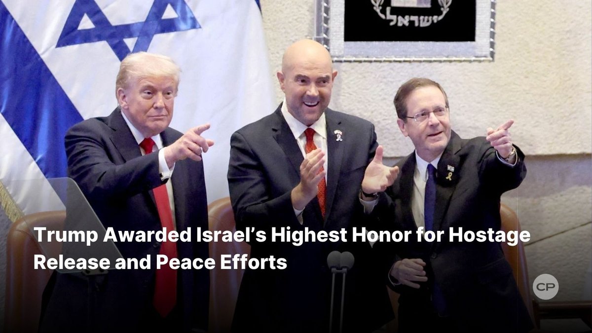 ChristianPost's tweet photo. Herzog and Netanyahu credit President Trump for a “new era” in the region.  
#TrumpInIsrael #PeaceLeadership #IsraeliMedal #HostageRelease #MiddleEast
🔗 https://t.co/G04IDI52Vw https://t.co/GR4S6Yowhn