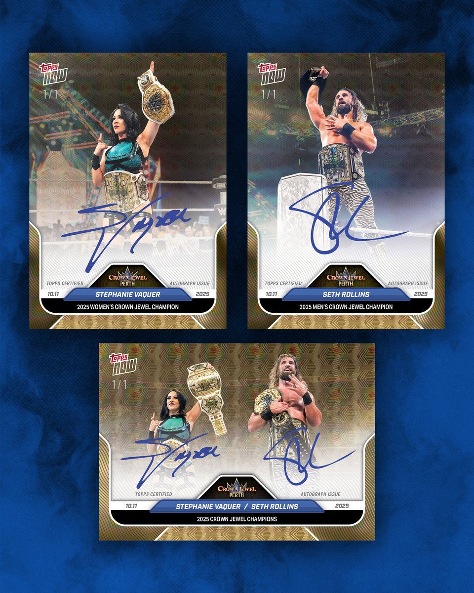 Topps's tweet photo. The 2025 Crown Jewel Champions sign incredible new trading cards... including ONE dual autograph 🔥 https://t.co/kKUpN12LWO