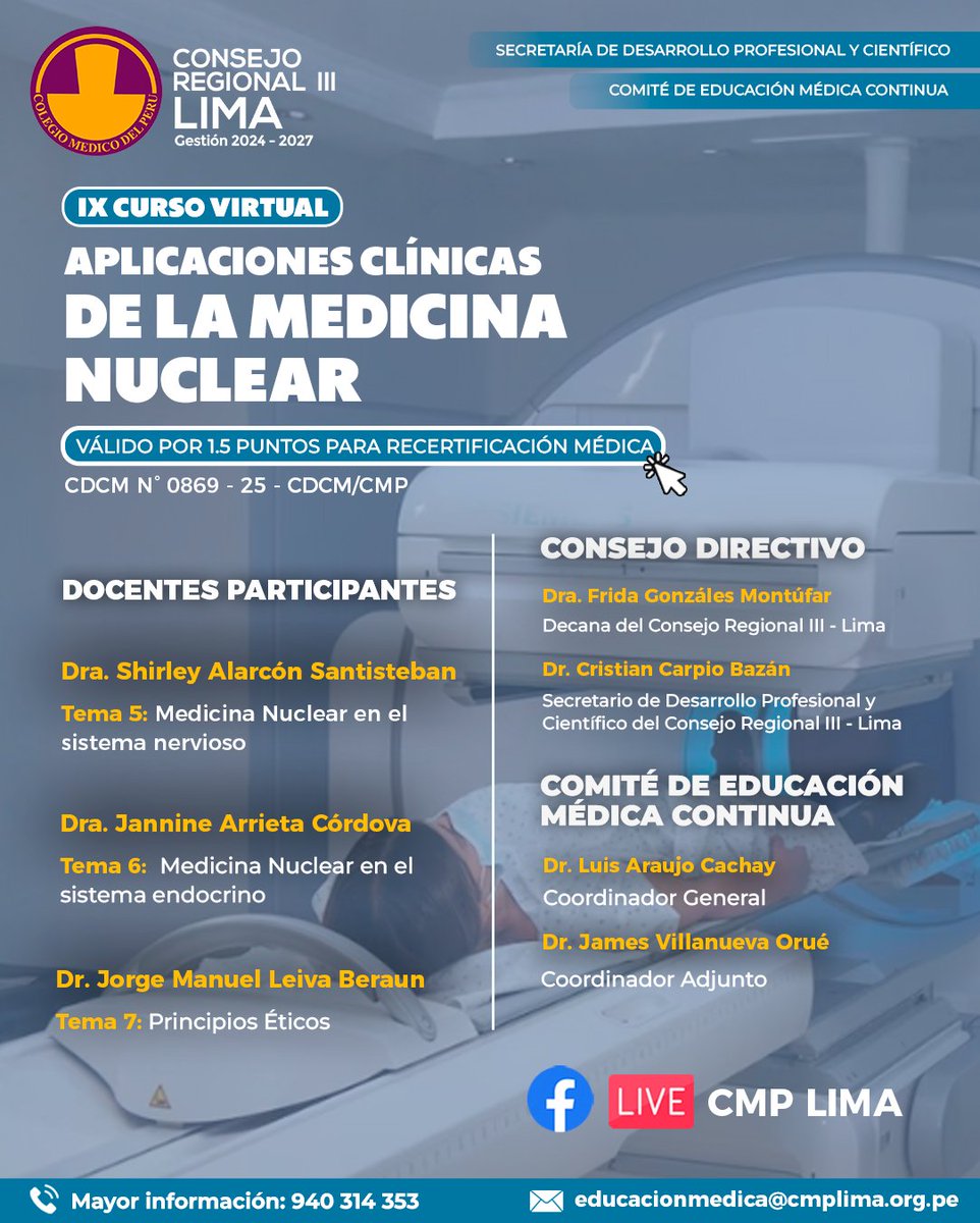 𝐈𝐗 𝐂𝐔𝐑𝐒𝐎 𝐕𝐈𝐑𝐓𝐔𝐀𝐋: 𝐀𝐏𝐋𝐈𝐂𝐀𝐂𝐈𝐎𝐍𝐄𝐒 𝐂𝐋𝐈́𝐍𝐈𝐂𝐀𝐒 𝐃𝐄 𝐋𝐀 𝐌𝐄𝐃𝐈𝐂𝐈𝐍𝐀 𝐍𝐔𝐂𝐋𝐄𝐀𝐑

Revisa el silabus aquí: bit.ly/4nMi2Eu

#MedicinaNuclear #CursoVirtual #CRIIILIMA #MedicinaPerú #MédicosDelPerú #FormaciónContinua