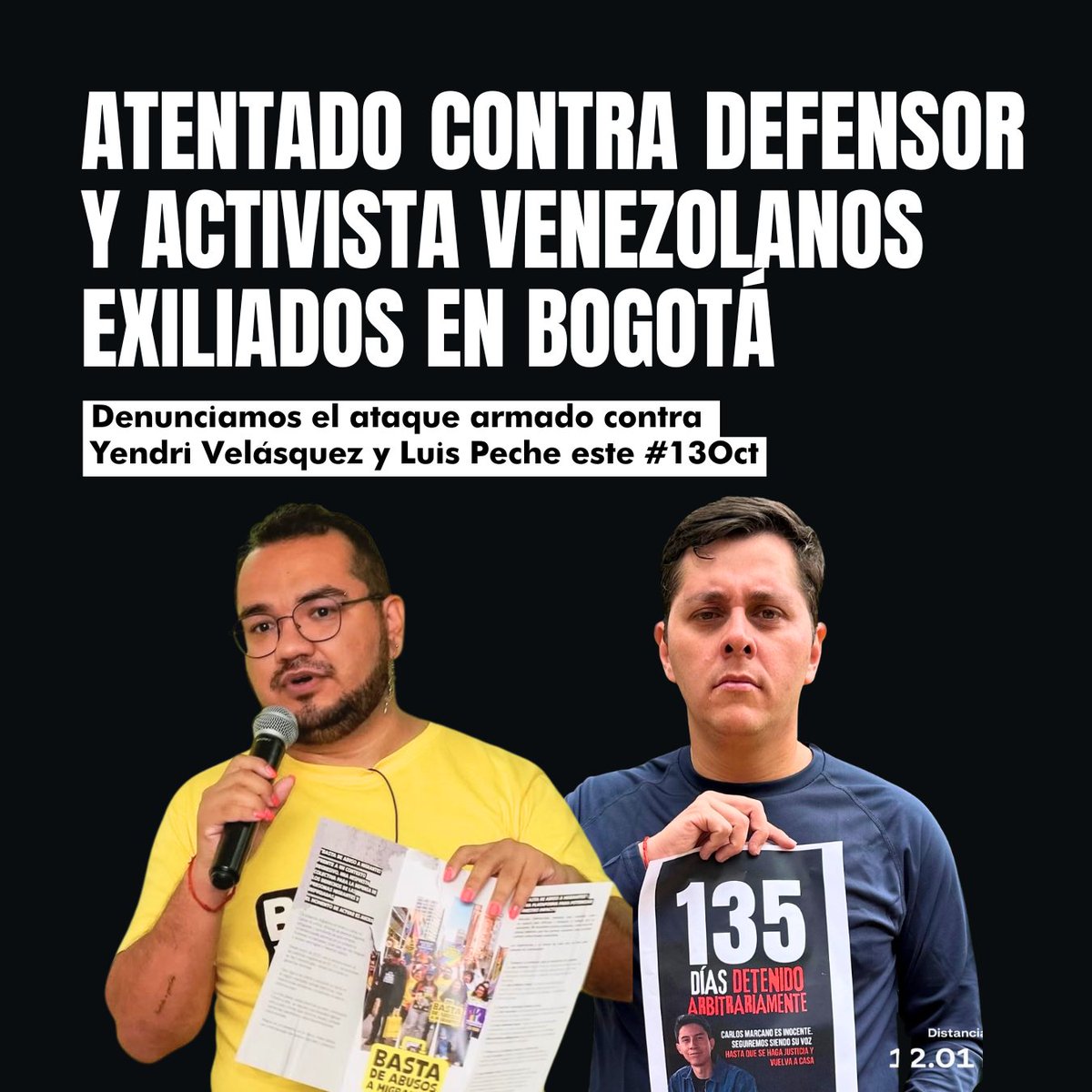 Denunciamos el atentado contra nuestro colega defensor de derechos LGBT+, Yendri Velásquez, y el activista Luis Peche, hoy #13Oct en Bogotá.

Ambos han denunciado la crisis de DDHH en Venezuela.

Exigimos una respuesta del gobierno <a href="/petrogustavo/">Gustavo Petro</a> tras este ataque armado.