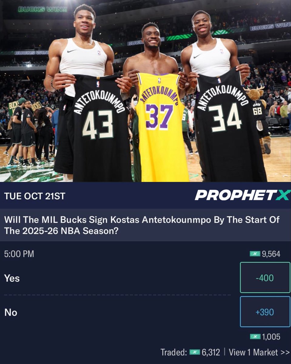 TheDunkCentral's tweet image. The Bucks are now the favorites to win the Kostas Antetokounmpo sweepstakes, with an 80% chance of signing him, per @PlayProphetX
(Via prophetx.onelink.me/E5Yi/CENTRAL)