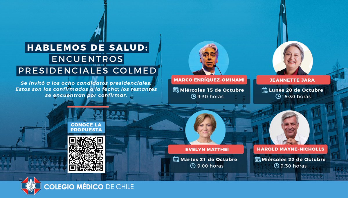 Como es tradición nuestro #COLMED se reunirá con las y los candidatos que aspiran a la presidencia de la República, para conversar sobre sus propuestas para la Salud de Chile y la visión de Gremio de los desafíos y necesidades en salud, junto con entregarles propuestas desde el