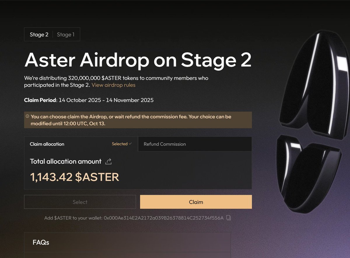 jaycode2254's tweet image. It&apos;s live, claim now! 🔗 asterdex.com/en/airdrop/all…
Aster空投开放领取了。。
 速度领，出本金

 #aster #airdrop #空投 #撸毛 #交互