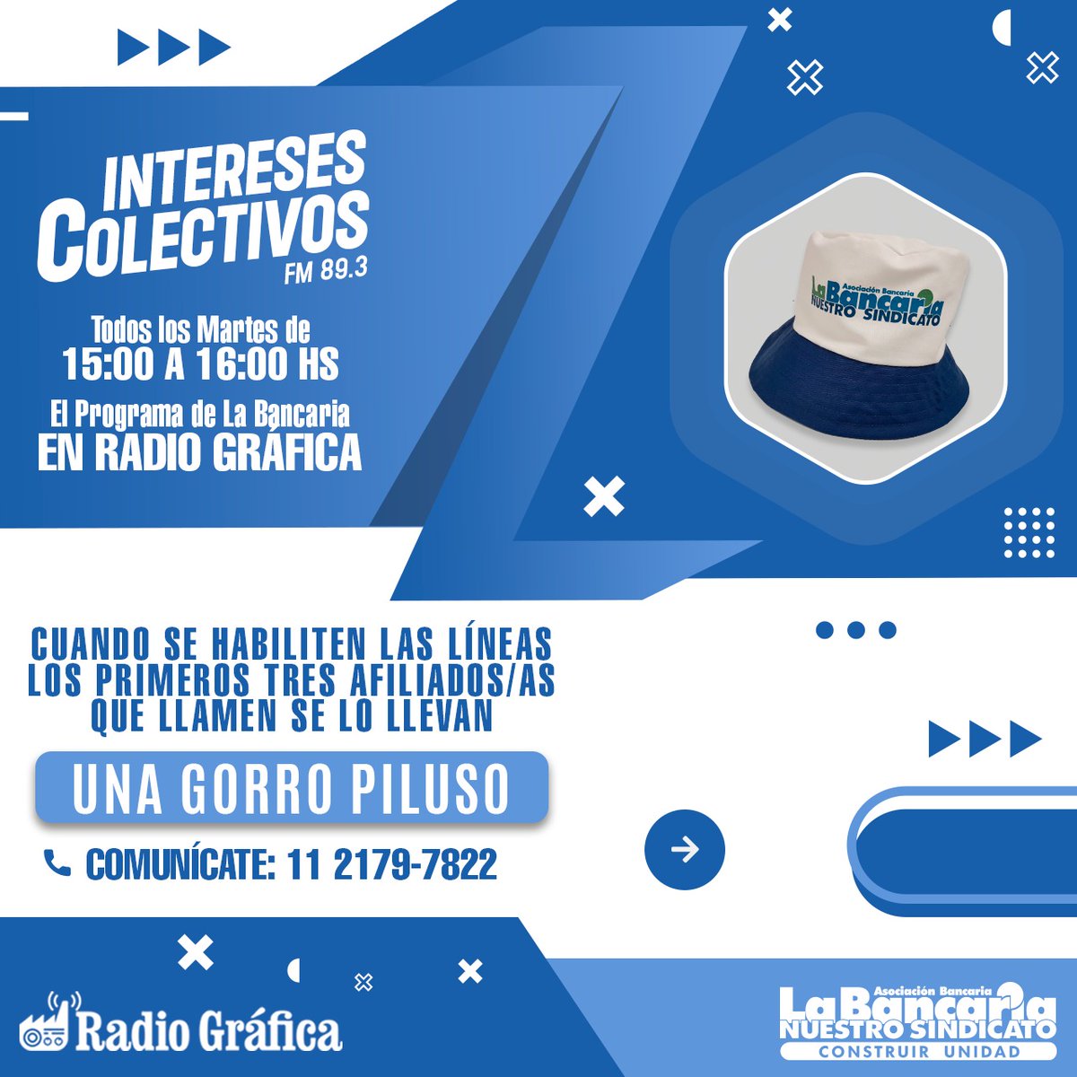#RadioLaBancaria 

🎙️ Este martes llega una nueva emisión de #InteresesColectivos, el programa de nuestro sindicato.

Además de invitados especiales, estaremos regalando un gorro a los primeros oyentes afiliados que se comuniquen.

🕒 Martes 15hs.
📻 <a href="/radiografica893/">Radio Gráfica</a>
