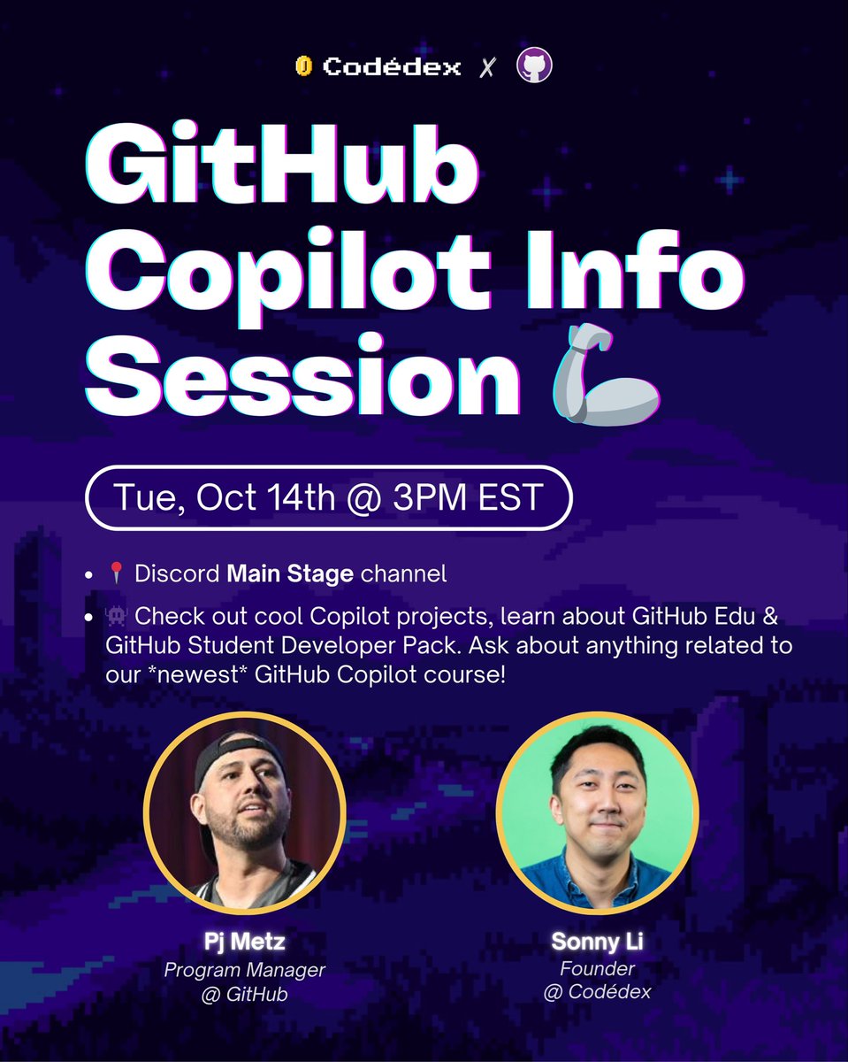 codedex_io's tweet image. github copilot info sesh tmrw 🚨
github t-shirt raffle right before… don’t miss out ‼️
hosted by @MetzinAround from @GitHubEducation
rsvp here: discord.com/invite/r3f3czw…