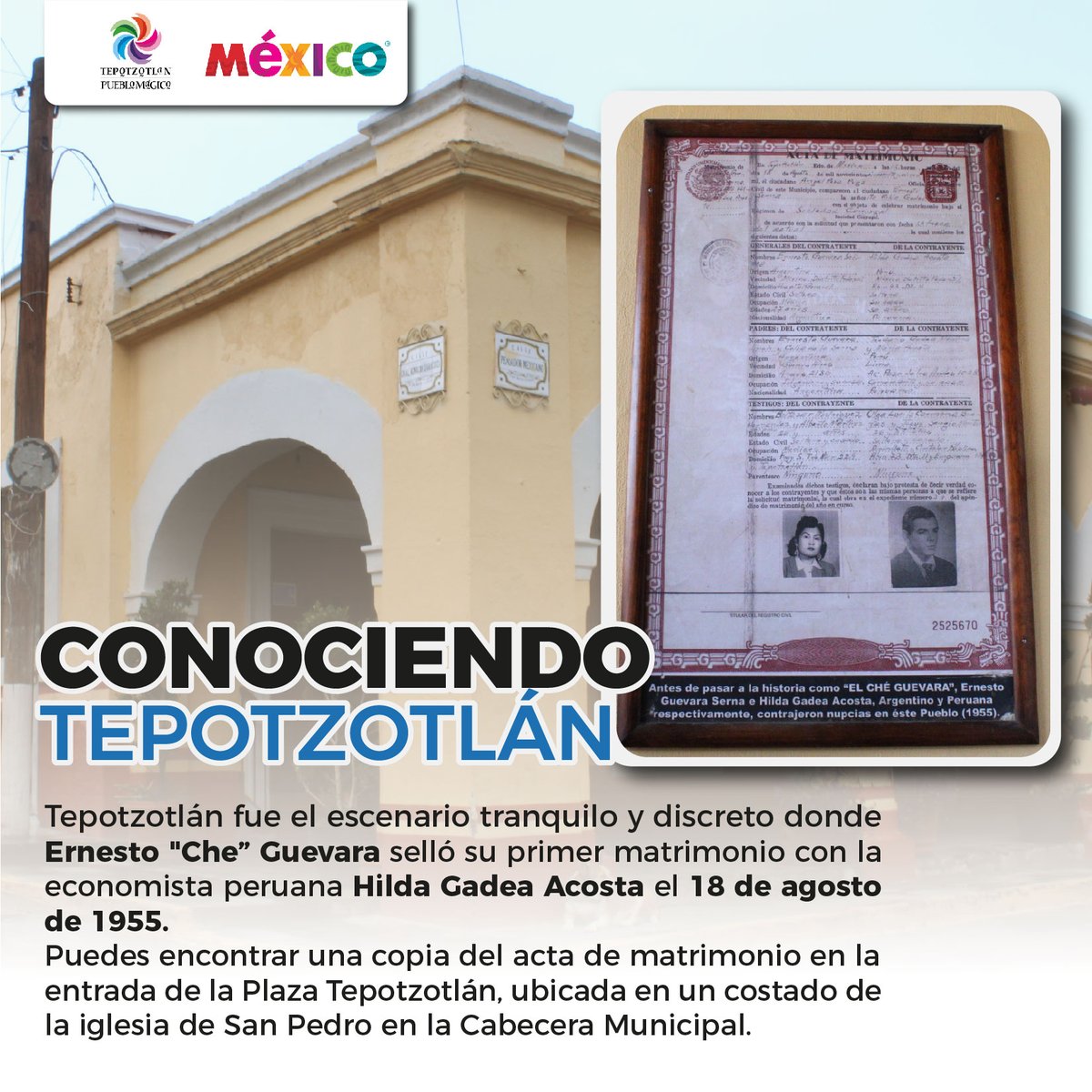 Este lunes de #ConoceTepotzotlán ¿Sabías que Ernesto "Che" Guevara eligió la tranquilidad del Registro Civil de #Tepotzotlán para casarse con su primera esposa? Un dato histórico sorprendente que conecta a nuestro pueblo con una de las figuras más icónicas del siglo XX.