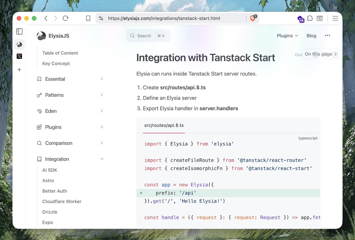 saltyAom's tweet image. Elysia + Tanstack Start is now on Elysia documentation