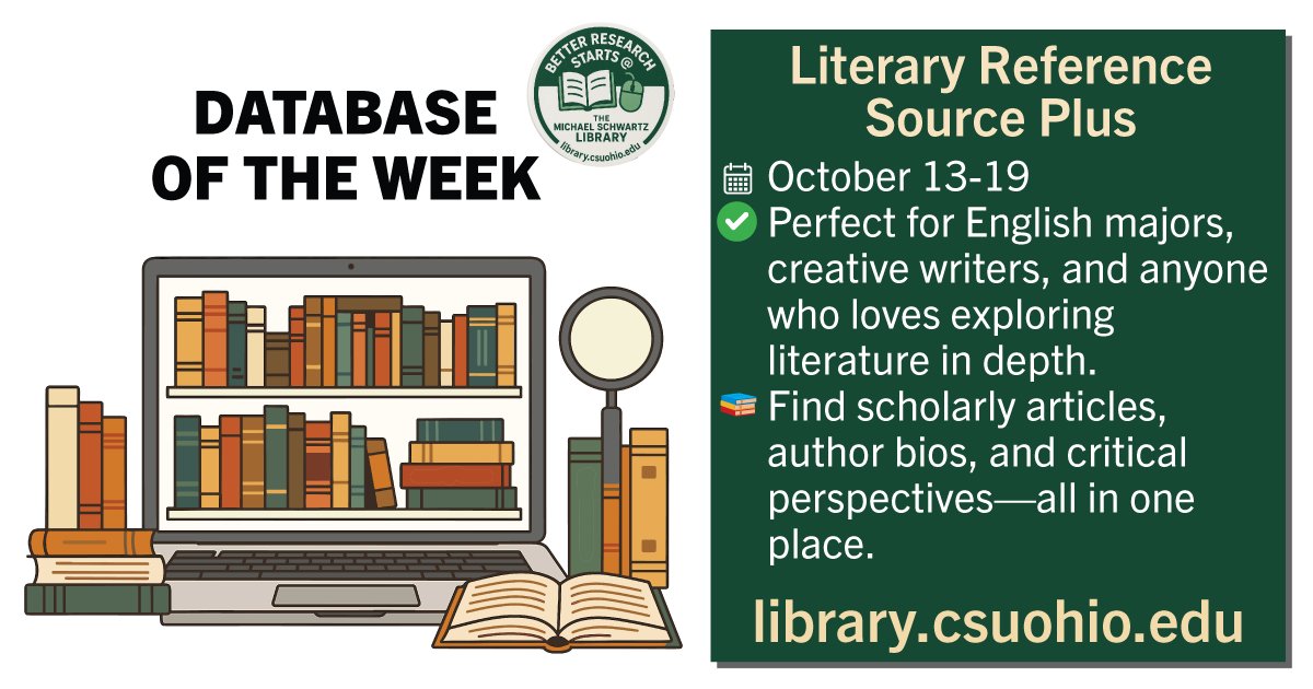 📚 This week’s Database of the Week: Literary Reference Source Plus!
Dive into classic &amp; contemporary literature with full-text journals, author bios, and critical essays.
Access via CSU Library → Databases A–Z 🔗 ow.ly/ZK2850XaFVX

#CSULibrary #DatabaseOfTheWeek