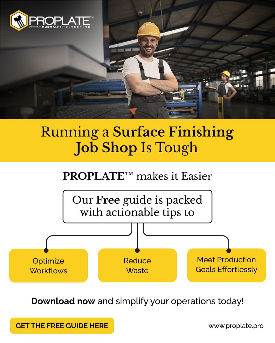 Proplate_Pro's tweet image. 🛠️ Running a surface finishing job shop is tough. PROPLATE™ makes it easier!

📘Get the Free Guide Here
🔗proplate.pro/bottlenecks-to…

#JobShopSuccess #SurfaceFinishingTips #EfficiencyInAction #PROPLATEGuide