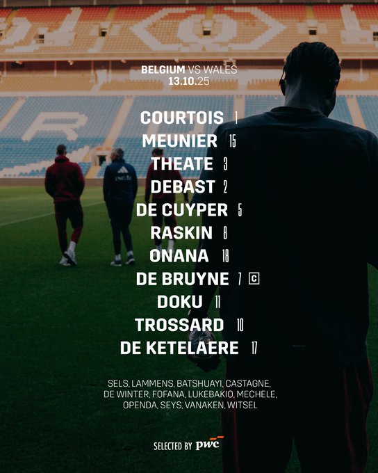 Stadium graphic displays Belgium versus Wales match on October 13 at 13:25 with starting lineup including Courtois in goal, defenders Meunier, Theate, Debast, Faes, Vertonghen, Tielemans, midfielders Onana, De Bruyne, Doku, forwards Lukaku and Trossard, plus substitutes Sels, Lamers, Batshuayi, Casteigne, Dendoncker, Praet, Minnelet, De Cuyper, Raskin, Openda, Verschaeren, Vukotic, Meunchel, and PwC selection note.
