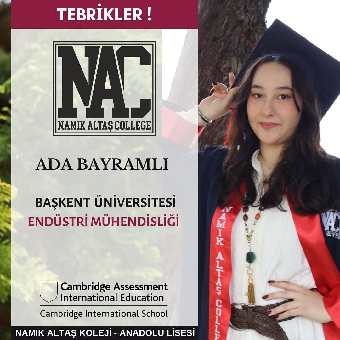 Değerli Veliler ve Sevgili Öğrenciler,  
Okulumuzun Fen Lisesi öğrencilerinden ADA BAYRAMLI , BAŞKENT ÜNİVERSİTESİ- ENDÜSTRİ MÜHENDİSLİĞİ  bölümüne yerleşmiştir. Öğrencimizi,  velilerini ve öğretmenlerini tebrik eder,  başarılarının devamını dileriz. TEBRİKLER!