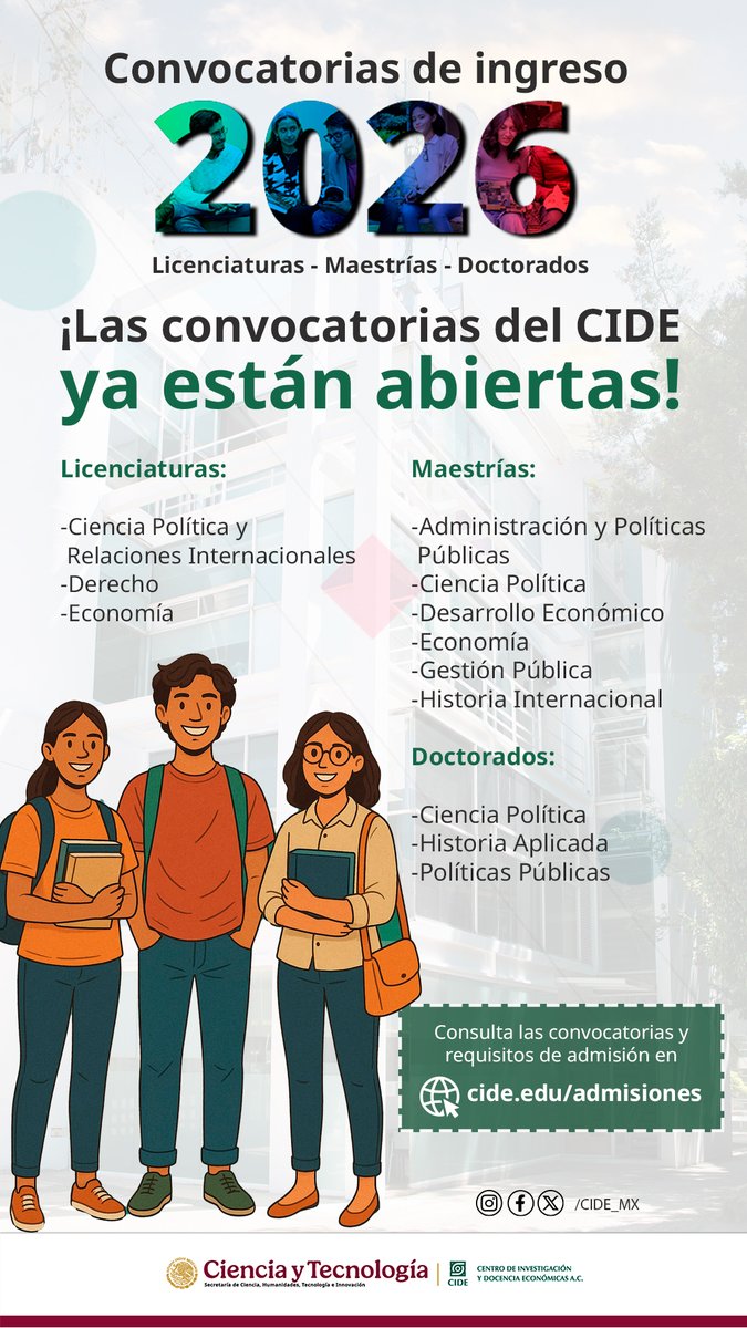 CIDE (@cide_mx) on Twitter photo 💡 ¡Prepárate para el futuro con los programas académicos del CIDE, #deCIDEte!
ℹ️ Si necesitas más información, contacta a la Oficina de Promoción y Admisiones del CIDE.
📲 WhatsApp: 55 8699 5359 (bit.ly/3GgYLX2) 💡 ¡Prepárate para el futuro con los programas académicos del CIDE, #deCIDEte!
ℹ️ Si necesitas más información, contacta a la Oficina de Promoción y Admisiones del CIDE.
📲 WhatsApp: 55 8699 5359 (bit.ly/3GgYLX2)
