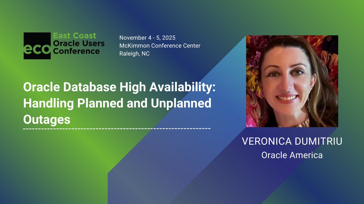 EastCoastOracle's tweet image. Veronica Dumitriu isn’t just sharing in our Data Track for November — she’s also in our Development Track! Learn how to keep apps running strong with Oracle Database High Availability, covering RAC, TAF, FAN, Data Guard & more. #Oracle #HighAvailability #Development #ECO2025