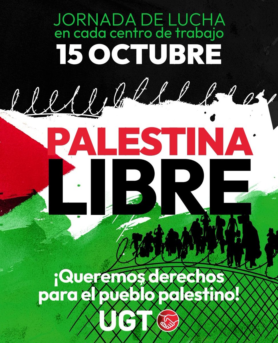 🗓️ Miercoles 15 Octubre 
🇵🇸 SEGUIMOS MOVILIZANDONOS POR PALESTINA. Reafirmamos el compromiso de paz, el respeto al derecho internacional y la defensa de los derechos humanos.
✊Como accion laboral, huelga en los centros de trabajo de 02.00 a 04.00 horas en la madrugada del 15 de