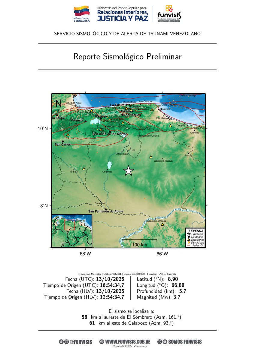 SomosFunvisis's tweet image. FUNVISIS            
Sismo sentido
13/10/2025 12:54
Mag (Mw): 3.7
Prof: 5.7 km
Epicentro: 8.897 N -66.879 O
58 km al sureste de El Sombrero

#SismoSentido #ElSombrero #Temblor #Funvisis #ServicioSismológicoVenezolano