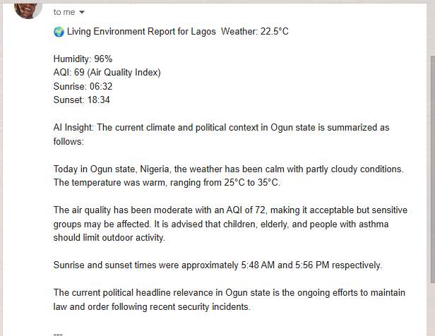 Tope__Adams's tweet photo. 🌍 Introducing EcoPulse — an AI-powered environmental intelligence system.

Built with n8n, it connects to OpenWeatherMap, IQAir, and Sunrise–Sunset APIs to gather real-time weather and air data.

.......👇👇
#n8n #AI #automation #Airtable #climate
@omoalhajaabiola @skill_afrika_ https://t.co/xXRvEd9YZC