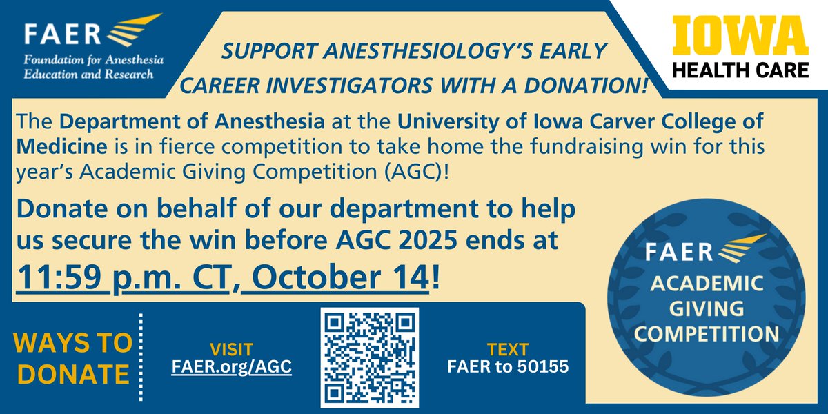 ⏰ The countdown is on! Competition ends tomorrow at 11:59 p.m. — and your support can make all the difference. Every gift strengthens anesthesia research, education, and innovation within our department and beyond.

Let’s finish strong — donate today! 💛🖤secure.qgiv.com/event/faer-agc…