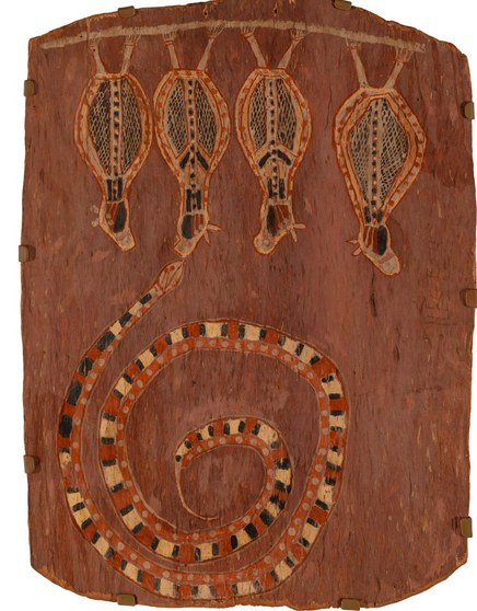 #BatAppreciationMonth
#BatsInArt #PreciousBats #Australian #Aboriginal 
Attributed to
Jimmy Midjaw Midjaw (1897 - 1985)
UNTITLED 
(FLYING FOXES AND ROCK PYTHON), ca. 1960
Natural earth pigments on eucalyptus bark