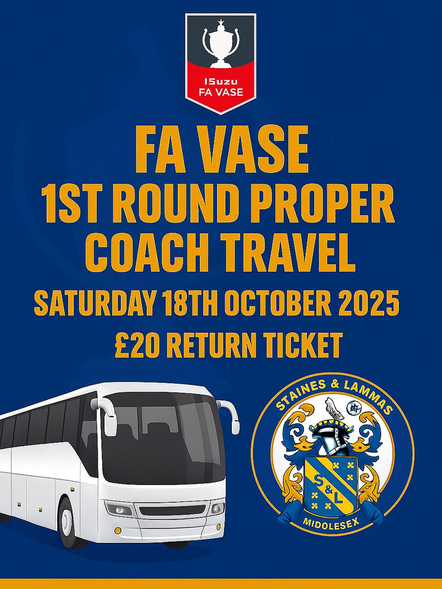 The FA Vase! 🏆

We’re on the road this Saturday to face <a href="/CorinthianFC/">Corinthian FC</a> (Step 5) in the First Round Proper!

🚍 Coach travel: £20 return — just 11 spaces left! DM to book your seat.
Entry Prices: 🎟️ Adults £9 | Concessions £5 | Kids FREE

Let’s pack the coach &amp; back the lads! 💙🙌