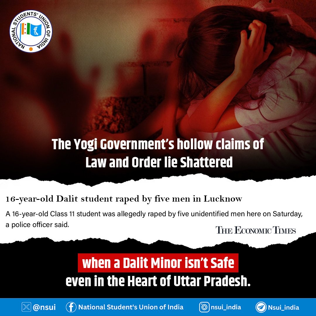 nsui's tweet image. In a state where the Chief Minister boasts of “law and order,” a Dalit minor was raped in the capital itself.
This isn’t just a crime — it’s a chilling reminder of how the system has collapsed under the BJP government.
Instead of PR campaigns and empty slogans, the government…