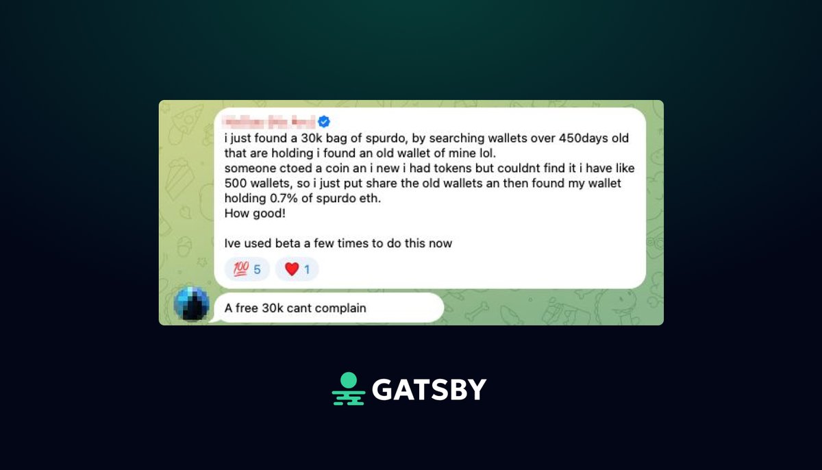 gatsbyfi's tweet photo. Community highlight

Massively expanding the beta has allowed our testers to really push the limits of what's possible with the tool. We've seen 100x trades based on Gatsby insights, scams that have been avoided, and normal traders actually doing their own research for the first time.

Gatsby isn't just useful for trading however: recently a beta tester shared how they used a query to find a wallet they remembered having but couldn't place. We always hoped that people would find interesting use cases for the platform that are not directly related to trading, and it's great to see real value being delivered.
