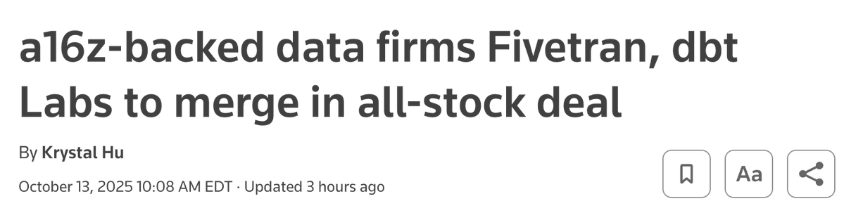 Matt Turck (@mattturck) on Twitter photo Congrats all! Hot takes:
1) Pre-ChatGPT unicorn is hard, even for key data infra 
2) RIP, modern data stack (2016-2025)
3) More consolidation needed - buy Sigma next? What happens to Confluent etc. 
4) What happens to open source co when bought by closed source co? Congrats all! Hot takes:
1) Pre-ChatGPT unicorn is hard, even for key data infra 
2) RIP, modern data stack (2016-2025)
3) More consolidation needed - buy Sigma next? What happens to Confluent etc. 
4) What happens to open source co when bought by closed source co?