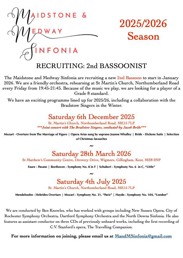 MMS10173's tweet photo. Recruiting : 2nd Bassoonist to start in January 2026
And dates of concerts for the upcoming season. https://t.co/XEzgPo9Fe6