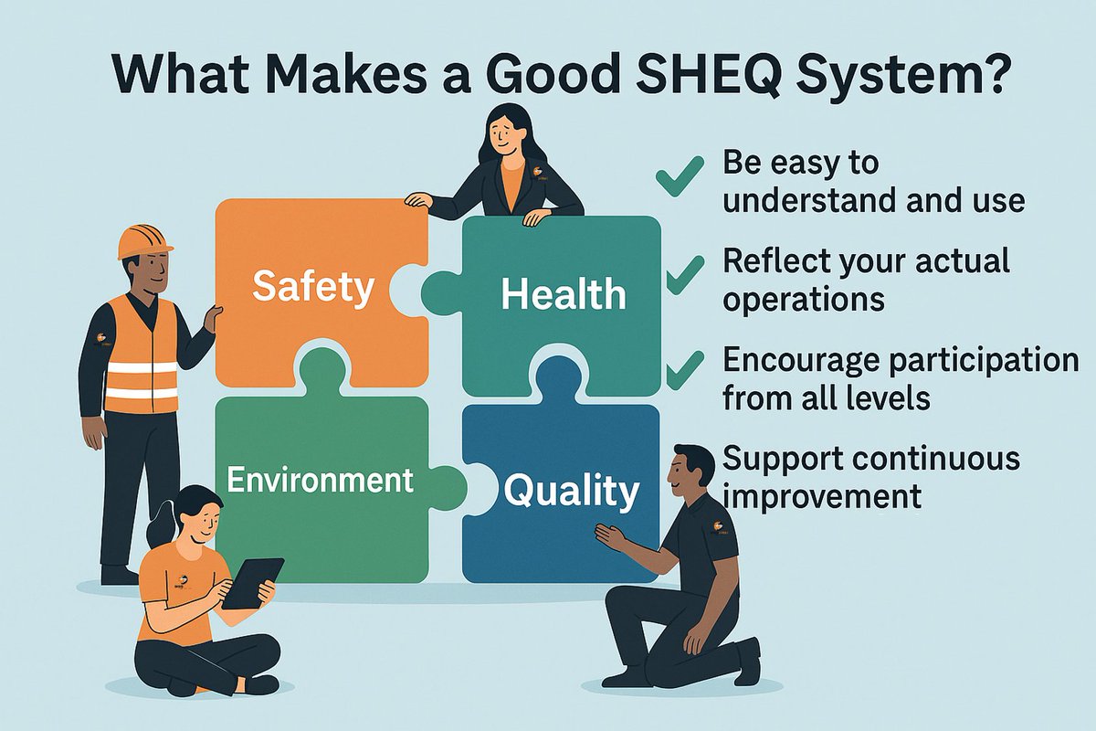 SheqStreet's tweet photo. 📌 What Makes a Good SHEQ System?

💡 A good SHEQ system isn’t just paperwork, it’s a living framework.
Whether you're managing safety, health, environment, or quality, your system should:
 ✅ Be easy to understand and use
 ✅ Reflect your actual operations
 ✅ Encourage participation from all levels
 ✅ Support continuous improvement

📌 Tip: If your SHEQ documents are gathering dust, it’s time to rethink your approach.

💬 What’s one thing you wish SHEQ systems did better?
 
hashtag#SHEQ hashtag#SystemThinking hashtag#ComplianceMadeSimple hashtag#ContinuousImprovement