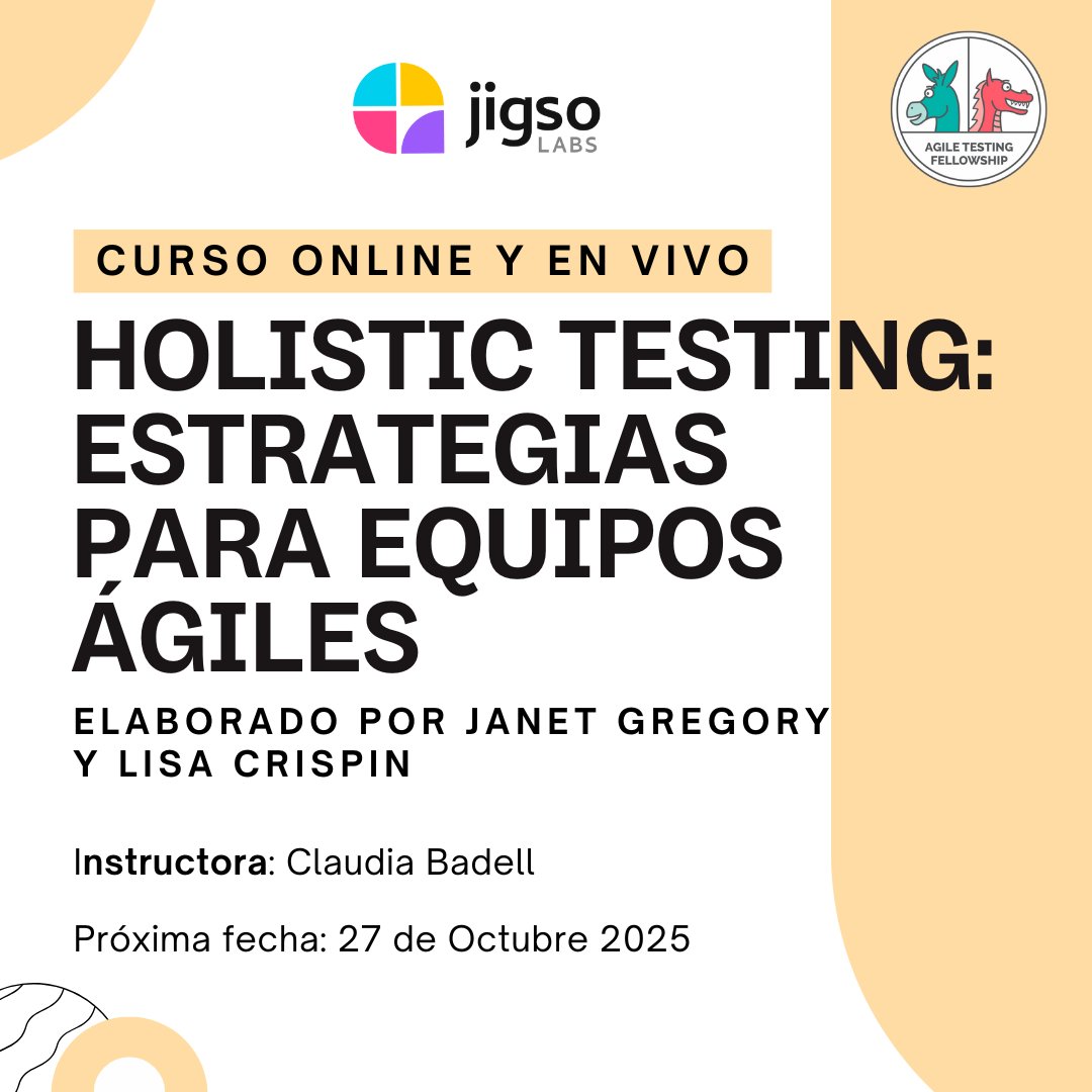 jigsolabs's tweet image. ⚡️ Transforma la forma en que tu equipo colabora, prueba y entrega software de valor  

¡Inscríbete al curso Holistic Testing: estrategias para equipos ágiles! ➡️ jigsolabs.com/curso-holistic…  

#holistictesting #agiletestingfellow #agiletesting #testinglatam #softwaretesting
