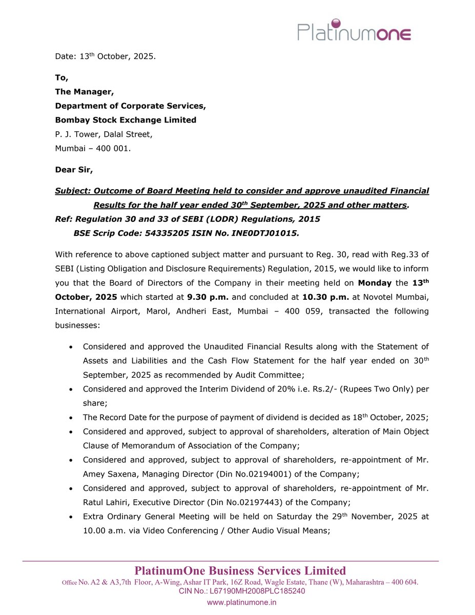 nileshkurhade's tweet photo. ๐ PlatinumOne Business Services Ltd informed the exchange about its approval for the financial results for the period ended September 30, 2025. #SME #POBS ๐๐งพ https://t.co/LUpPYJrVaS