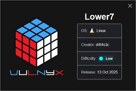 vulnyxofficial's tweet photo. New VM | Lower7 by d4t4s3c
π (https://t.co/B8MK7SoSce)
#vulnyx #nyx #linux #ctf #pentesting #cybersecurity #infosec #hacking #redteam #informationsecurity #networksecurity #boot2root https://t.co/Oti69i6fTO