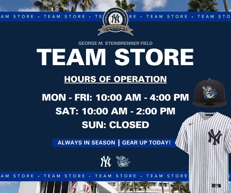 GMSField's tweet photo. 🛍️ Swing by the Team Store this week - open Monday through Saturday! Your go-to gear is waiting.
📧Question? Email: GMSTeamStore@legends.net
#alwaysinseason #yankees #tampatarpons https://t.co/MyBmpLHaUY