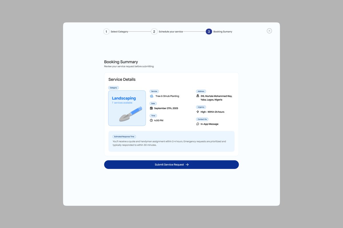 Dgeologist1's tweet image. Designed a simple 4-step booking flow screen for a handyman app:
1️⃣ Dashboard
2️⃣ Book A New Service
3️⃣ Schedule your service
4️⃣ Booking Summary
Easy, clear, and user-friendly. 🛠️✨ #UXDesign #UserFlow