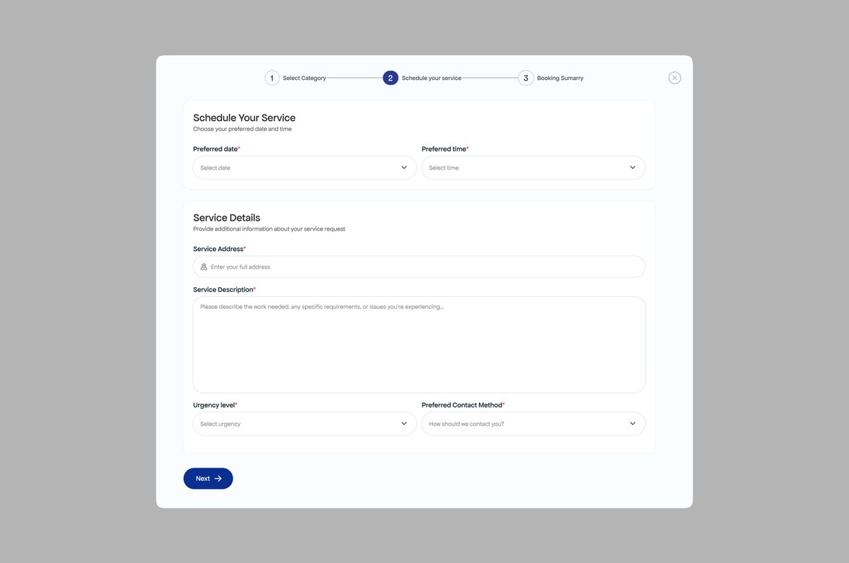 Dgeologist1's tweet image. Designed a simple 4-step booking flow screen for a handyman app:
1️⃣ Dashboard
2️⃣ Book A New Service
3️⃣ Schedule your service
4️⃣ Booking Summary
Easy, clear, and user-friendly. 🛠️✨ #UXDesign #UserFlow