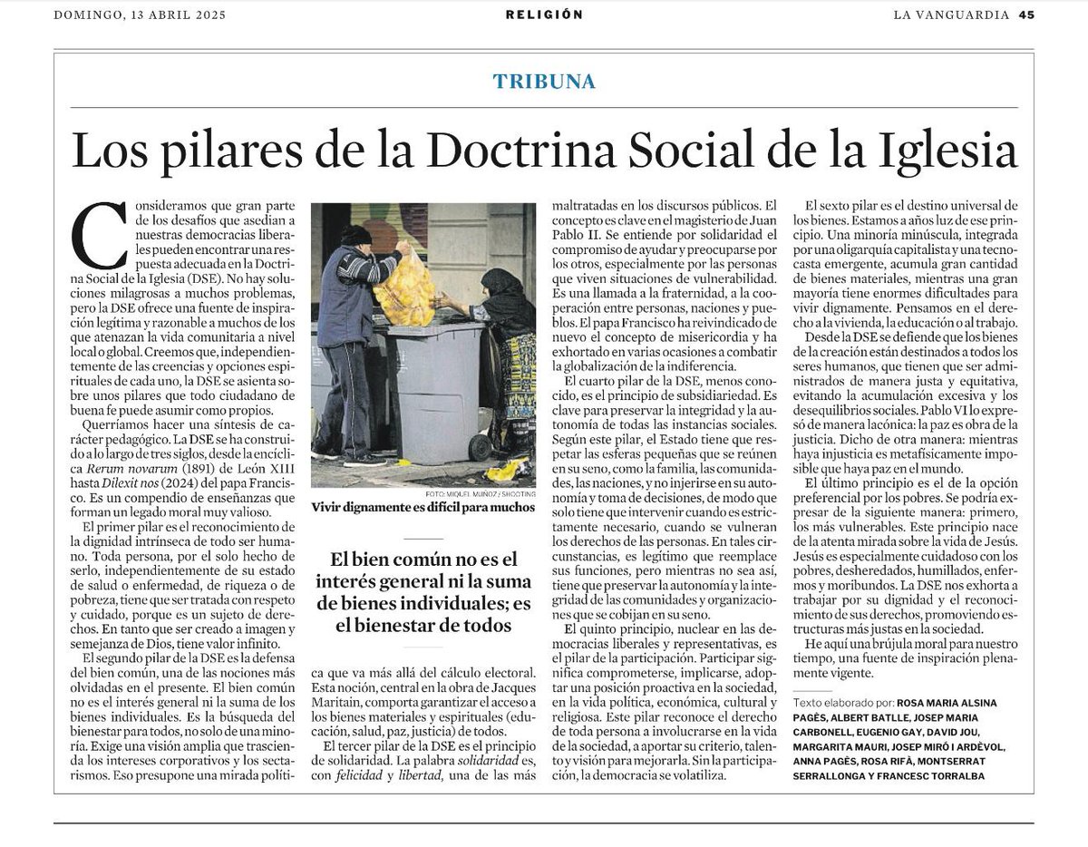 La dignitat intrínseca de tot ésser humà 
la defensa del bé comú
la solidaritat en la fraternitat
el principi de subsidiarietat
el compromís actiu dels ciutadans
l'hipoteca social de la propietat
l'opció pels més pobres.
Hi ha millor programa que la DSE?
elcorrent.org