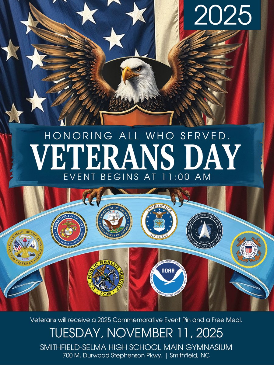 JCPS_NC's tweet image. We invite all Johnston County veterans, their families, and the community to the 2025 Annual Veterans Day Celebration event on Tuesday, November 11th!

Visit our website for more information: johnston.k12.nc.us/veteransday

We look forward to honoring our many veterans!