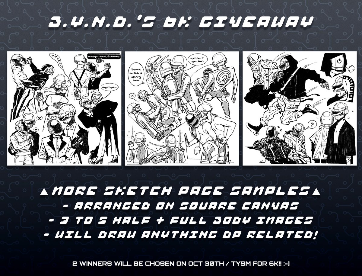 ▲ TYSM FOR 6K GIVEAWAY ▲

▷ Follow + Like + RT to Enter
▷ Optional: Comment Fave DP Song :')

Prizes Include:
▷ EST 99 | A 64 pg PDF of my DP sketches!
▷ DP Sketch Page | 3-5 drawings of your choice!

Two winners will be randomly chosen on Oct 30th! Good luck!!! 🤖💖🤖✨