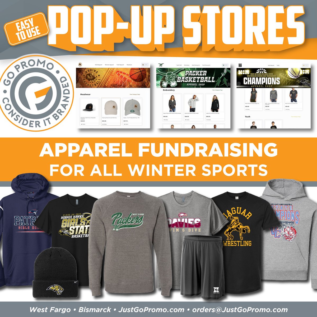Streamline your team or school’s fundraising with a pop-up store. Contact Go Promo today to learn how. buff.ly/AYaGhFy

#CustomApparel #ApparelFundraising #WinterSports #JustGoPromo