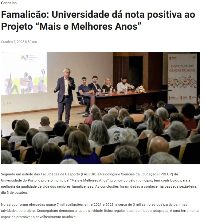 A notícia de hoje destaca o projeto Mente + Sã, integrado no programa Mais e Melhores Anos, na Câmara Municipal de Famalicão! 💪