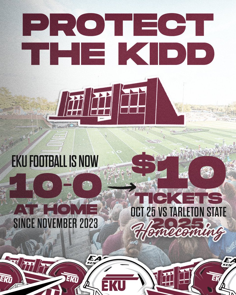 EKU Football (@ekufootball) on Twitter photo PROTECT THE KIDD!
Colonel Nation, you've shown up and showed out this season, and we will need you again at Homecoming next Saturday, Oct. 25, as we take on Tarleton State!
Get your tickets today starting as low as $10!
🎟️- t.ly/oMvEK
#E2W | #MatterOfPride PROTECT THE KIDD!
Colonel Nation, you've shown up and showed out this season, and we will need you again at Homecoming next Saturday, Oct. 25, as we take on Tarleton State!
Get your tickets today starting as low as $10!
🎟️- t.ly/oMvEK
#E2W | #MatterOfPride