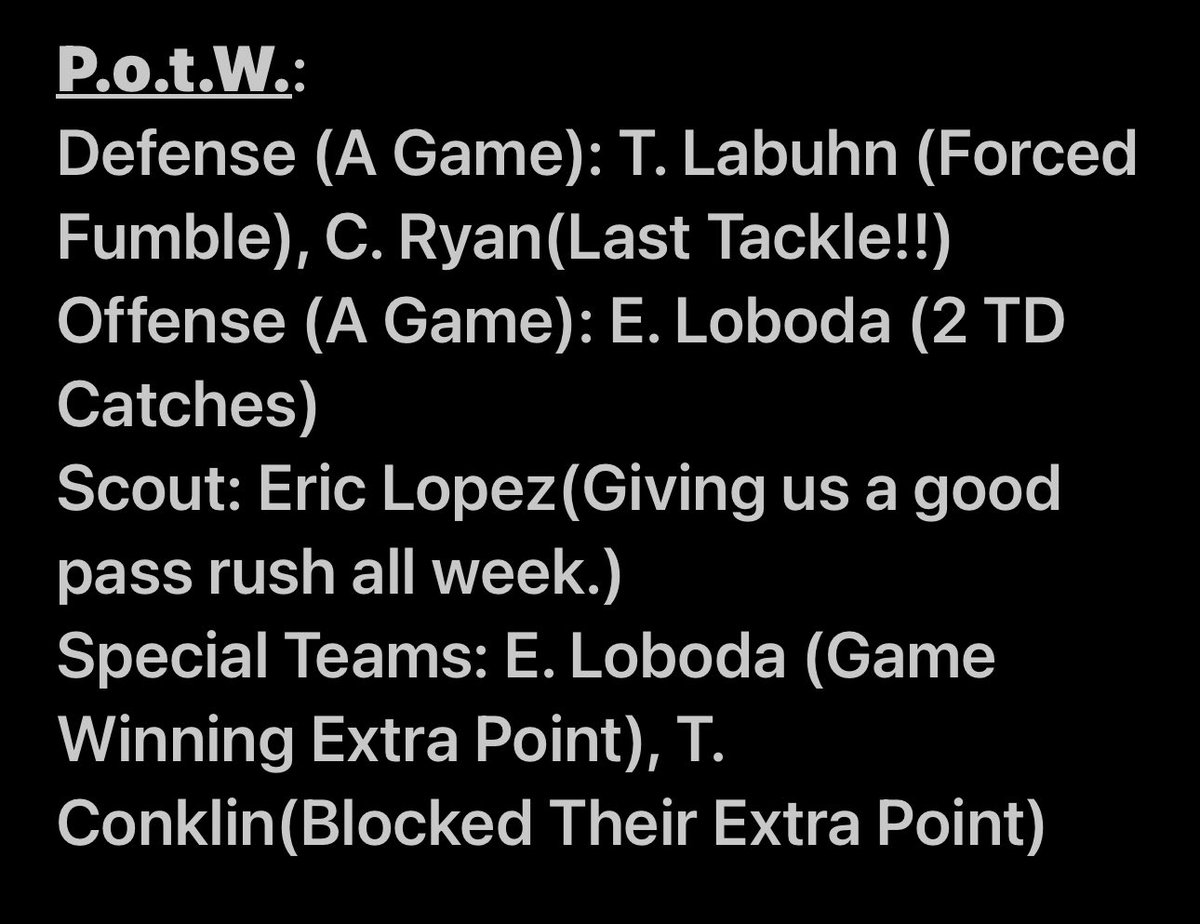 Adam Kolowski (@coachkolowski) on Twitter photo Congrats to our week 7 P.o.t.W.: <a href="/LobodaEli/">Eli Loboda</a> <a href="/TLabuhn/">Teddy Labuhn</a> <a href="/TylerConklin09/">Tyler Conklin</a> <a href="/ColeR33_/">Cole Ryan</a> <a href="/Ericlopezbt24/">Eric lopez</a> #12family34team Congrats to our week 7 P.o.t.W.: <a href="/LobodaEli/">Eli Loboda</a> <a href="/TLabuhn/">Teddy Labuhn</a> <a href="/TylerConklin09/">Tyler Conklin</a> <a href="/ColeR33_/">Cole Ryan</a> <a href="/Ericlopezbt24/">Eric lopez</a> #12family34team