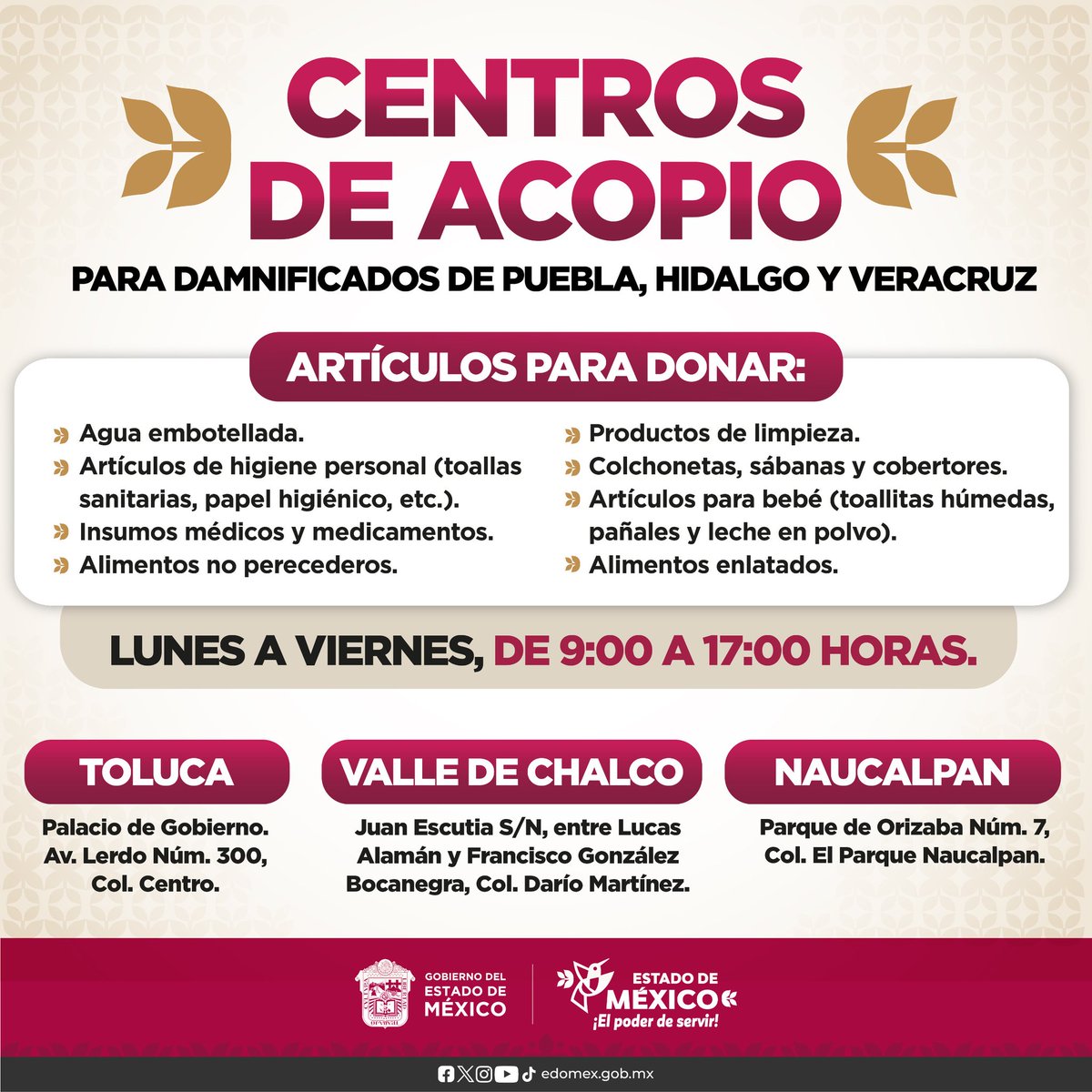 #ElPoderDeServir
#AcopioEdoMex
<a href="/Edomex/">Gobierno del Estado de México</a>
<a href="/delfinagomeza/">Delfina Gómez A.</a>
Para apoyar a quienes han sido afectados por las inundaciones en Puebla, Hidalgo y Veracruz. Acércate a alguno de los tres Centros de Acopio con tu donativo.