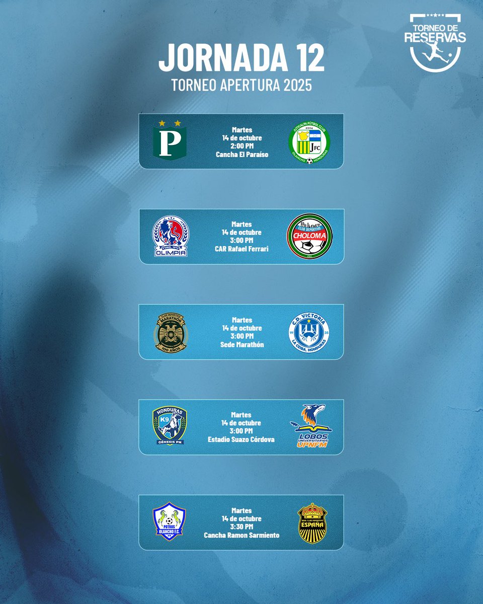 ¡JORNADA 12 RESERVAS! 👦🏻⚽️

Los juegos de la #Jornada12 del #TorneoApertura 2025-2026 del #TorneoDeReservas con los horarios oficiales.